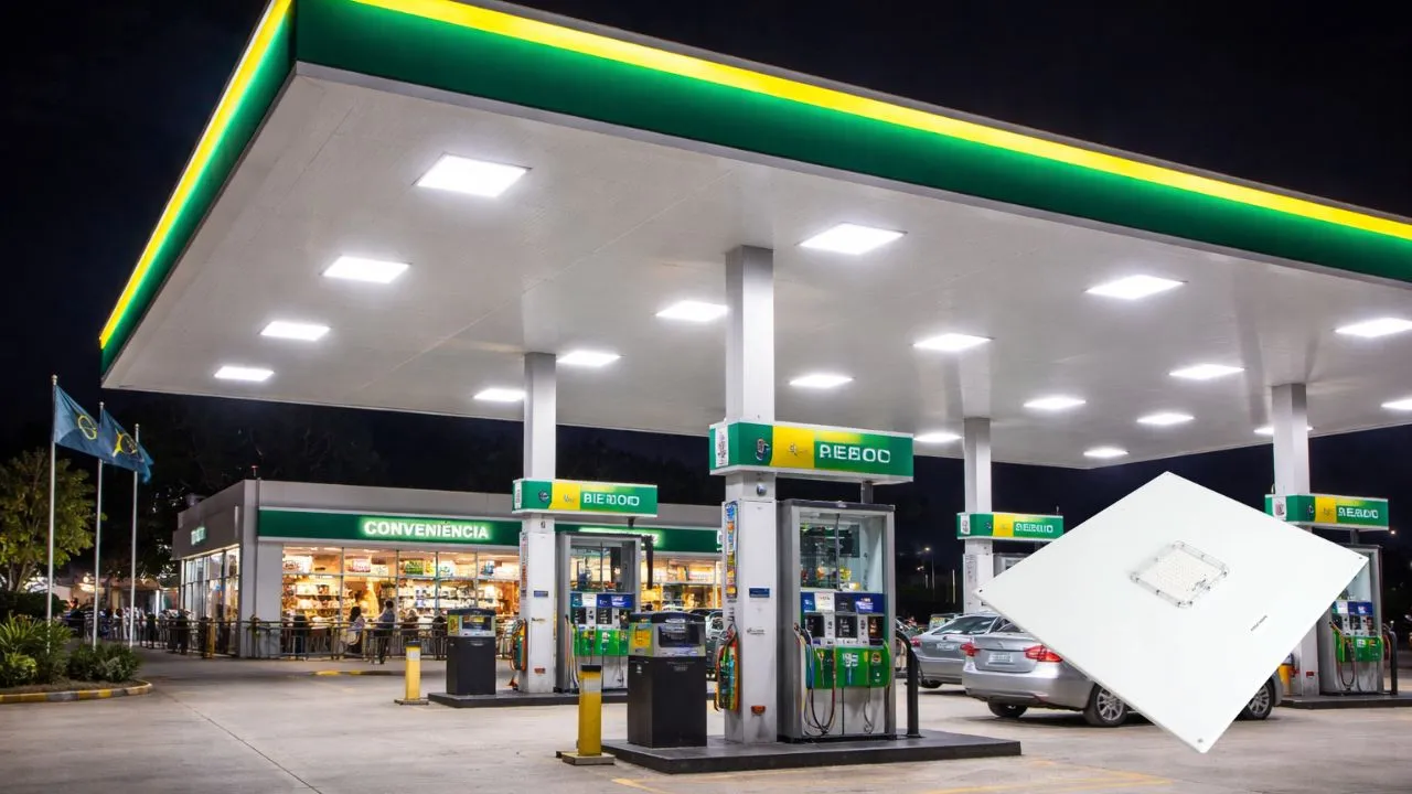 Iluminação de fachada de posto de gasolina